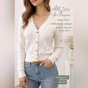 All in Favor Pastel Floral Embroidered Cardigan XS Cottagecore Button Front Knit